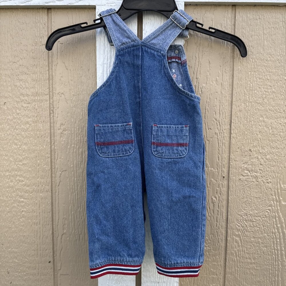 VTG Baby Snoopy Peanuts Football Denim Jean Overalls Size 6-9 Months - Picture 2 of 7